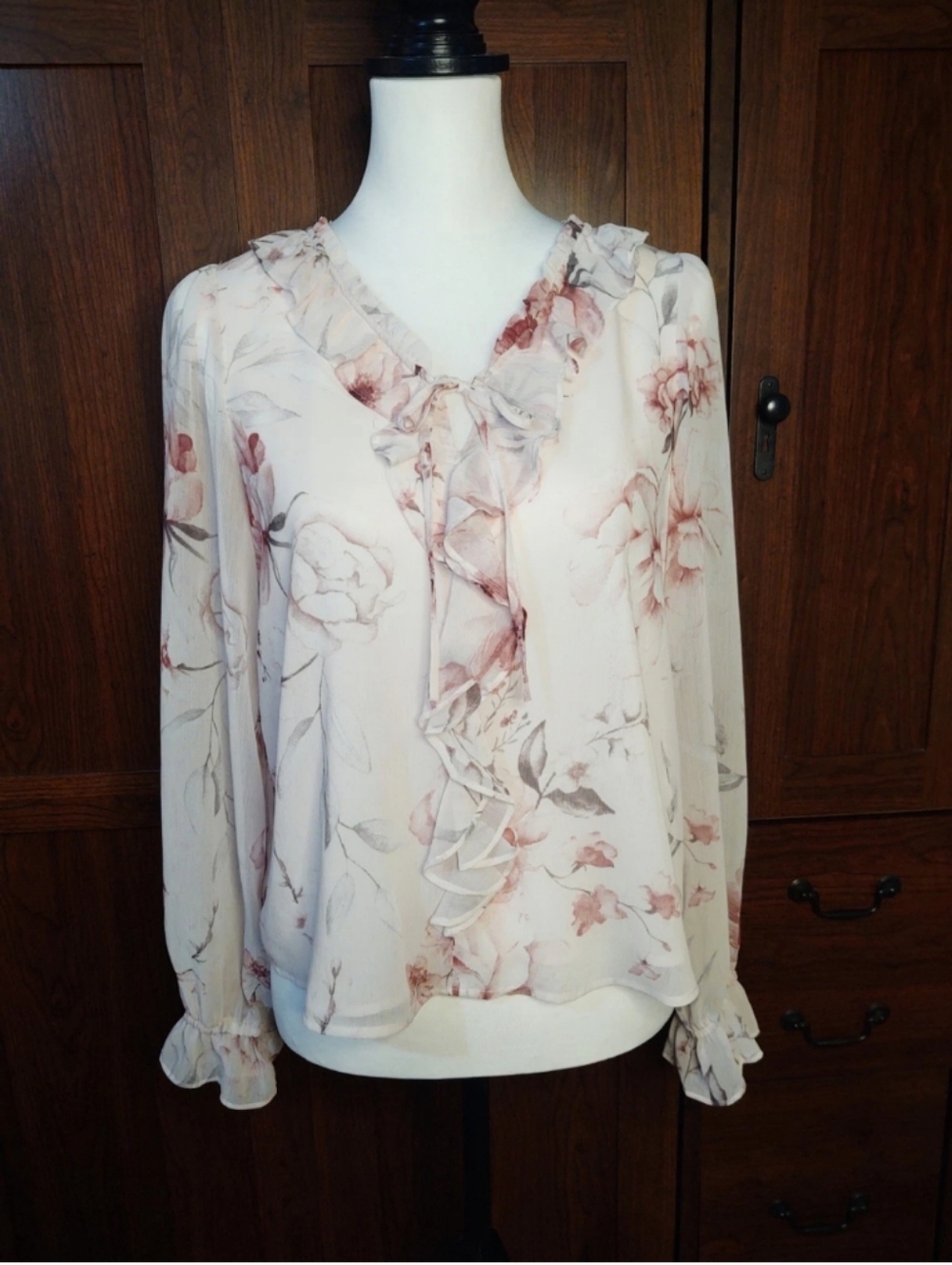 Joie V Neck Sheer Floral Ruffle Blouse Sz S